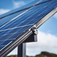 A close-up view of solar panels reflecting sunlight, showcasing renewable energy technology against a clear blue sky.