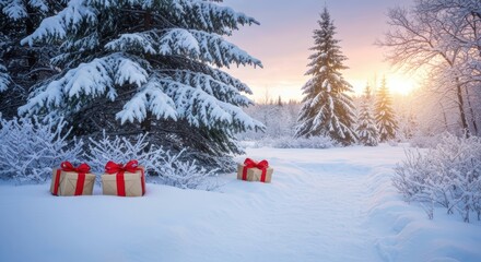 Golden hour glow illuminates a peaceful winter path with holiday gifts