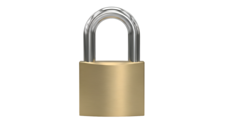Brass padlock with silver shackle on black background