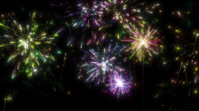 Colorful fireworks seamless loop with bright bursting sparks creating a continuous festive mood ideal for New Year Christmas party visuals holiday events celebration backdrops festival theme videos 4K