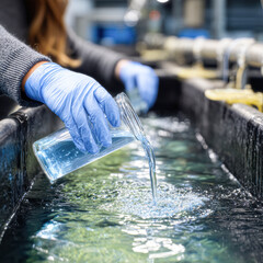 A person in gloves pours water from a glass into a tank, creating ripples in the clear liquid.