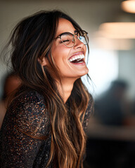 A cheerful woman with long hair and glasses laughs joyfully, radiating happiness in a bright, modern environment.