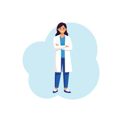 Female Doctor in White Coat Standing with Confident Pose &ndash; Flat Medical Vector Illustration
