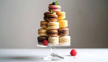 ガラススタンドに積まれたカラフルマカロン｜Colorful macaron pyramid on glass stand
