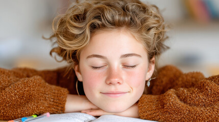 Teen girl resting on textbooks with eyes closed, wearing a cozy sweater and leaning on her hands.