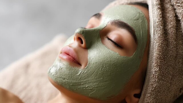 Young woman enjoys a soothing clay facial mask treatment in a serene spa setting for relaxation and skin care - Powered by Adobe