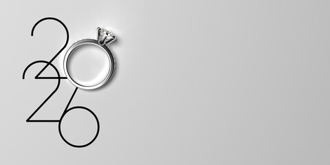 Elegant 2026 New Year wedding background with luxury diamond engagement ring. 3D render illustration.