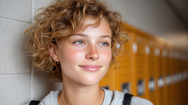 Smiling teenage student stands in school corridor with lockers, her relaxed pose and bright expression conveying confidence, motivation and positive attitude to learning.