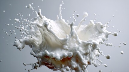 A dynamic splash of white liquid captured in mid-air against a light backdrop.