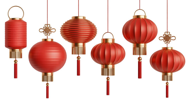 Collection of traditional red chinese lanterns with gold accents hanging isolated on transparent background for festive decoration