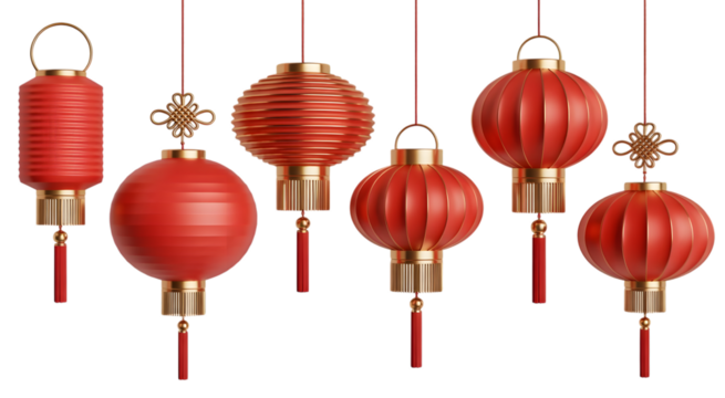 Collection of traditional red chinese lanterns with gold accents hanging isolated on transparent background for festive decoration