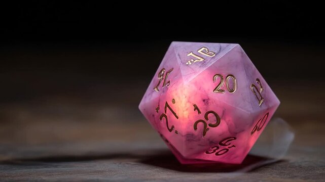 A glowing, twenty-sided die, illuminated internally and emitting smoke. A game artifact