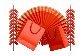 Bright red paper shopping bags and firecrackers arranged with a decorative fan isolated on transparent background