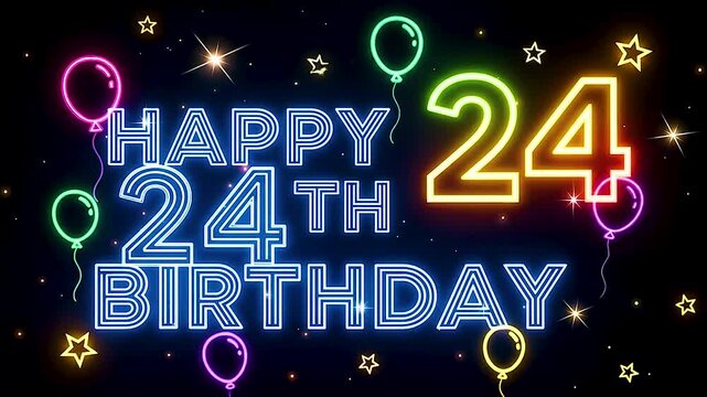 Neon 24th birthday celebration with glowing balloons, stars, and dotted text on a dark festive backdrop