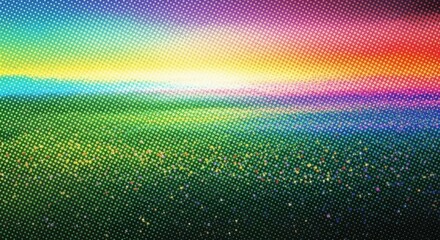 Vibrant abstract texture background featuring a bright rainbow gradient over a textured green foreground with sparkling light effect