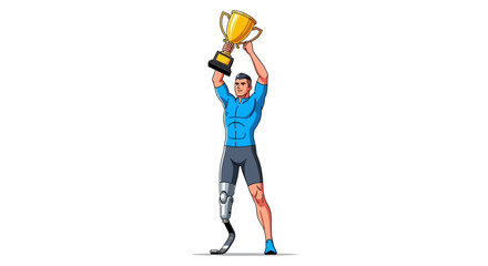 Triumphant Man with Prosthetic Leg Holding Trophy Success Concept