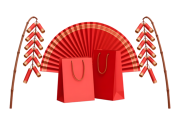 Festive red paper gift bags and traditional chinese firecrackers arranged in a celebratory composition isolated on transparent background