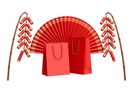 Festive red paper gift bags and traditional chinese firecrackers arranged in a celebratory composition isolated on transparent background