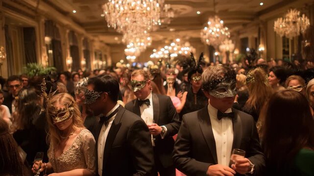 Elegant guests gather for a magical New Year Eve masquerade ball in a grand venue filled with lights and laughter
