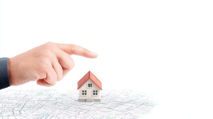 A hand points to a miniature house on a map, symbolizing real estate decisions or property location.