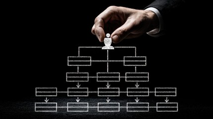 A hand manipulates a diagram that represents an organizational structure, illustrating hierarchy and roles within a business context.