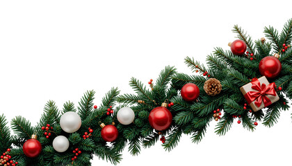 Festive Christmas Decoration with Evergreen Branches, Ornaments, and Pine Cone