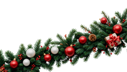 Festive Christmas Decoration with Evergreen Branches, Ornaments, and Pine Cone
