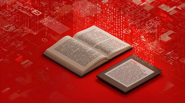 3D open book and e-reader in digital world of letters and binary. Concept: Digital reading, e-books, technology, education, information exchange, knowledge, digital transformation, learning, futuristi