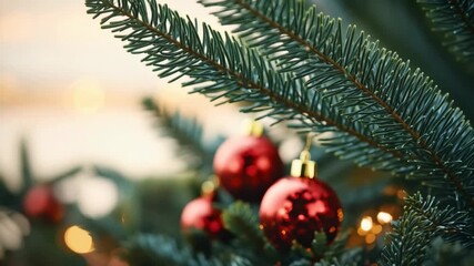 A close-up of a Christmas tree with red ornaments and warm bokeh lights. A concept of holiday tradition and festive spirit. A cozy winter scene. Ideal for seasonal greetings or commercials. - Powered by Adobe
