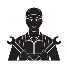 Mechanic with wrench silhouette vector black color and solid white background (2).eps