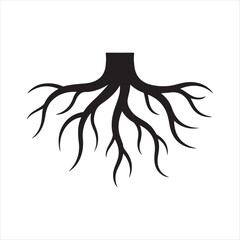 Black and white silhouette of tree roots spreading outward in vector format