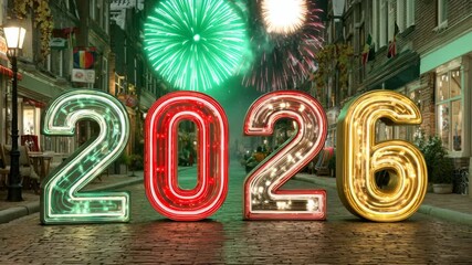 A 2026 sign with glowing lights on a city street with fireworks. A concept of New Years Eve and celebration. A festive, vibrant scene. Ideal for holiday greetings and party invitations.