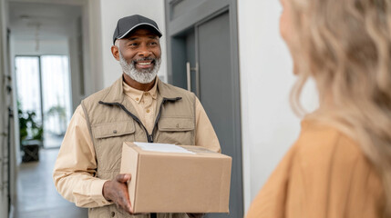 Smiling African American delivery man holding package at doorstep, showcasing friendly service and logistics concept