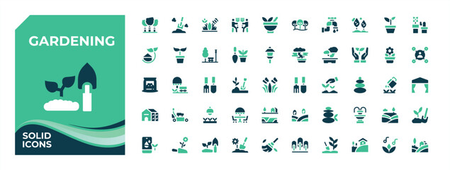 Set of Gardening colorful solid icon. Contain filled sign grow, shovel, flower, tree and more. Collection for mobile and web apps. Grow filled icon set. Pictogram and infographic.