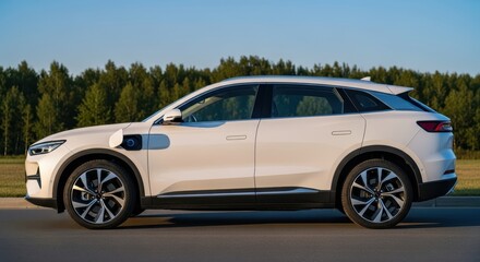 Sleek white electric suv parked by green forest for modern eco-friendly transport
