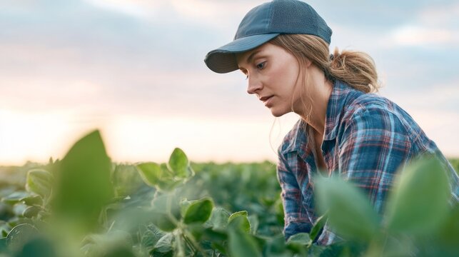 Young female farmer inspecting soybean plants in a lush field at sunrise, wearing a plaid shirt and cap, embodying the spirit of agriculture