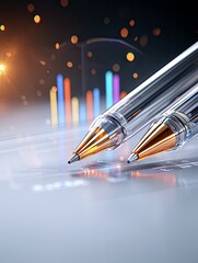 Two clear pens with gold tips are positioned on a reflective surface, with a blurred background featuring a bar graph and bokeh lights.