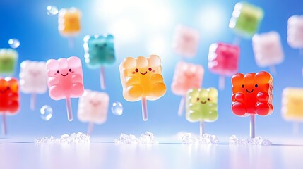 A vibrant collection of gummy bear-shaped popsicles in various colors, suspended in a bright blue, slightly blurred background, with small pieces of crushed ice