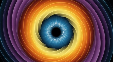 Abstract hypnotic spiral design resembling a colorful eye or vortex with vibrant orange, yellow, and purple tones