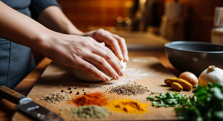 Close-up of hands kneading fresh dough on a wooden board, with vibrant spices and fresh herbs, illustrating the art of homemade cooking and meal preparation