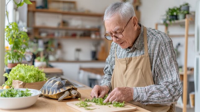 Elderly man carefully chopping fresh vegetables for his pet turtle in a cozy kitchen, showcasing daily routine and companionship with animal care - Powered by Adobe