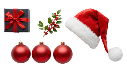 Glossy Red Christmas Ornaments and Black Gift Box with Red Ribbon