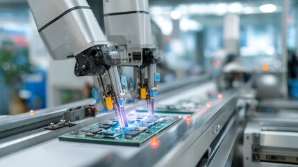 Fototapeta premium Robotic grippers assembling advanced electronic circuit boards on a cleanroom conveyor, showcasing high-tech industrial automation and futuristic technology