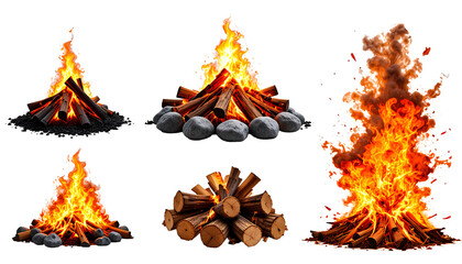 Sequence of Fire Elements from Campfire to Explosion on Transparent Background