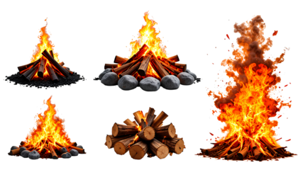 Sequence of Fire Elements from Campfire to Explosion on Transparent Background