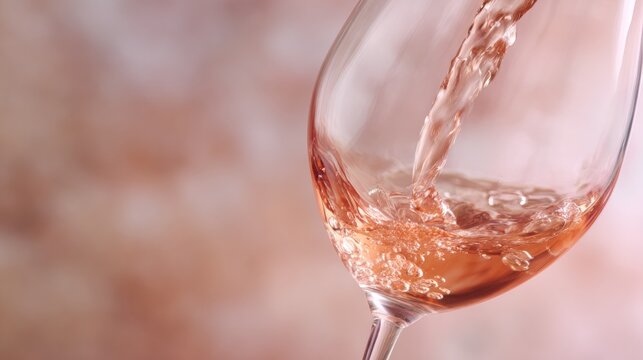 Rose wine pouring into a glass, creating a dynamic splash and smooth arc, captured with a minimalist backdrop and soft bokeh effects