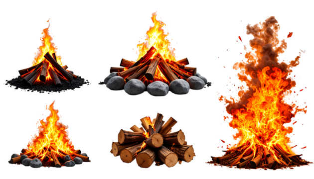 Sequence of Fire Elements from Campfire to Explosion on Transparent Background