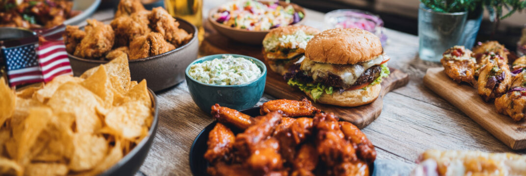 Flat lay food spread featuring wings, burgers, nachos, and dips for Super Bowl party celebration with American flags and vibrant team colors - Powered by Adobe