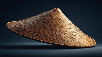 A woven asian conical hat resting on a dark surface with subtle lighting and detailed textures shown