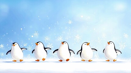 A line of five cheerful penguins are walking in a snowy landscape with snowflakes falling around them.